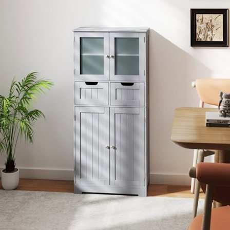 COSTWAY Badrumspelare Högskåp med 4 dörrar 2 lådor, ställbara hyllor för vardagsrum, kök, 60 x 30 x 128 cm, Grå