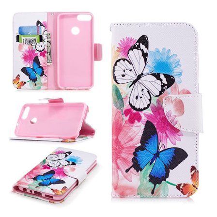 Huawei P Smart mønstret læderflip etui - Sommerfugle og Blomster