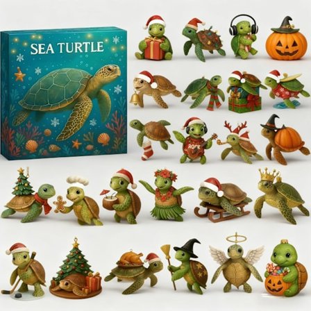 Merikilpikonna Joulukalenteri 2025, 24 päivän joulun odotus 24 akryylisellä merieläinkoristeella, joululahjasetti lapsille ja aikuisille