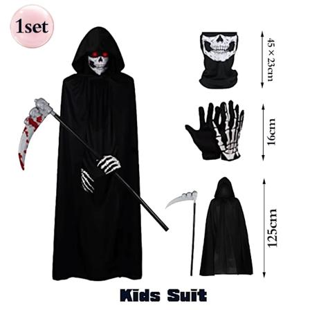 Skummel Halloween Dødsengel Kostyme Hetteskjerf Skallemaske Hansker Sigdsett Voksne Barn Skrekk Dødsengel Halloween Dekorasjon Kids Suit
