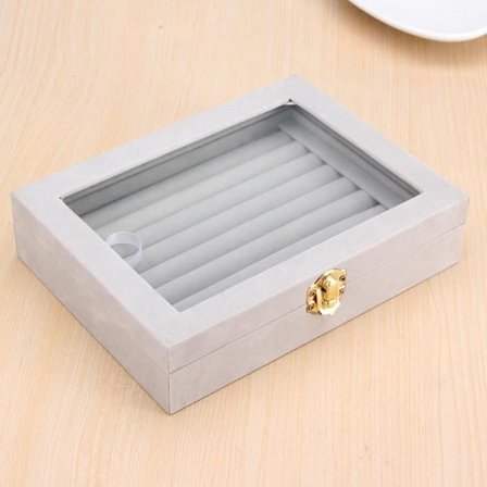 Förvaringslåda för örhängen och ringar med glaslock, sammet GRÅ