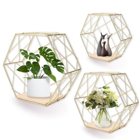 Sæt med 3 hexagon væghylder lavet af metal og træhylder, svævende hylder, vægdekoration til stue, soveværelse, cafe og hotelgang