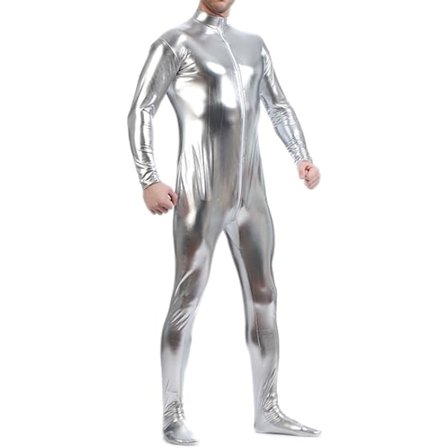 Unisex Metallic Bodysuit Zentai ilman huppua Aikuisten kiiltävä yhden kappaleen Spandex Body Suit Halloween-asu,Hopea