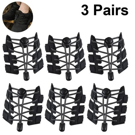 3 par elastiska skosnören No Tie Justerbar Tieless gummisko Black