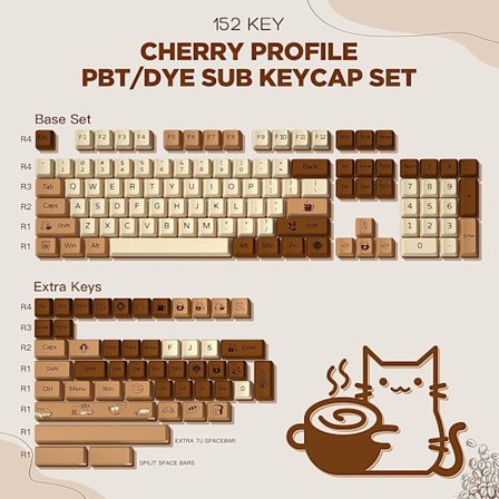 Coffee cat 152 täyttä näppäintä värjätty pari PBT custom -näppäinhattu näppäinhatun irrottajalla mekaaniselle peli näppäimistölle