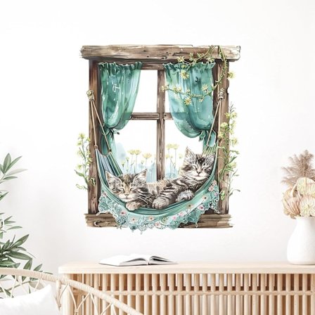 Falske vinduesvægklistermærker, kat der sover på planter vinduesvægdekorationer aftagelige selvklæbende vægklistermærker{F2}