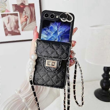 Plånboksfodral Kompatibelt med Samsung Galaxy Z Flip 6, Stötsäkert PU-läderfodral med Kreditkortshållare & Crossbody-rem