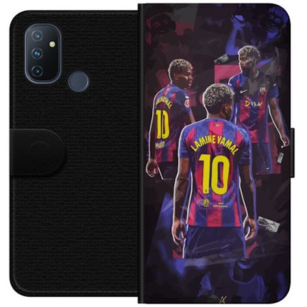 OnePlus Nord N100 Lommeboketui Lamine Yamal i Barcelona-kollage med trøye nummer 10, kraftige poseringer, kontrastfarger og dynamisk sportsmotiv som
