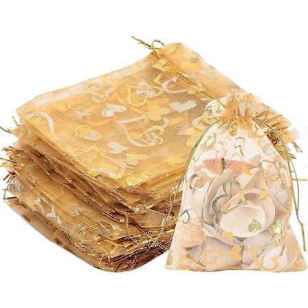 100 stk Organza Gaveposer Gull Organza Trekksnorposer, Smykker Gavepose Godteriposer, Organzapose med Hjerte til Bryllup Bursdag Jul Halloween