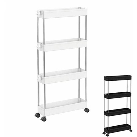 QU-Vagn, smal förvaringsvagn på hjul med 4 hyllor, vit, A