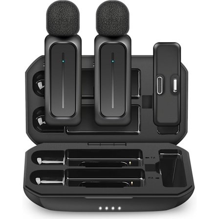 2 stk Trådløs Lavalier Mikrofon for iPhone iPad Android med Laderetui 7H Klips på Reverseringsmikrofon Trådløs