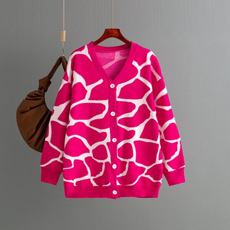 Mub- Dam höst/vinter 2023 jacquardstickade kläder V-ringad lång rad mönster lös jacka