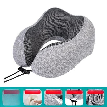 Resenackkudde, minnesskum nackkudde, bekvämt andningsbart överdrag, bärbart flygplansresekitt (grå)