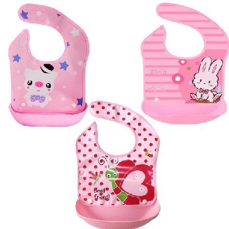 IC 3-pakke - Vanntett baby- og småbarnsforkle med justerbar avtagbar, 6-24 måneder - rosa gris + rosa kanin + rosa sommerfugl