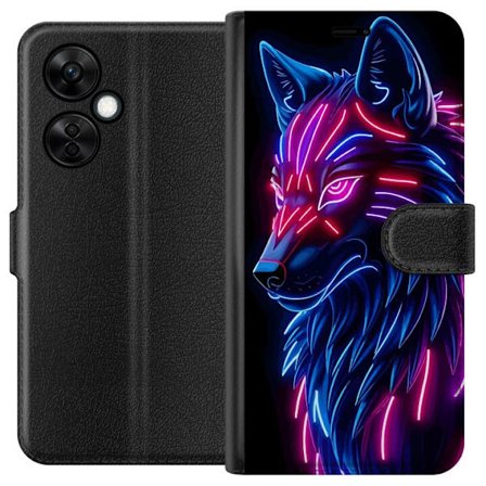 Kompatibelt Plånboksfodral till OnePlus Nord CE 3 Lite Neonupplyst varg i blått och rosa ljus mot mörk bakgrund, futuristisk djurillustration med c