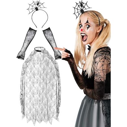 Halloween Kvinnors Spindelväv Dräkt, Spindelväv Poncho Spets Spindel Textur Ärm Spindelnät Hår Båge för Festdräkt
