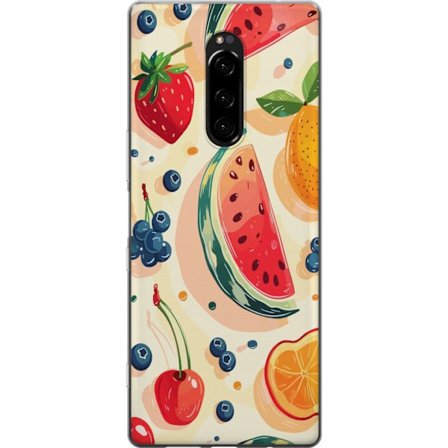 Kompatibel Mobilcover til Sony Xperia 1 Legesyg frugtillustration med vandmelon, citrus, jordbær, kirsebær og bær