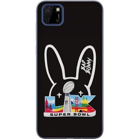 Kompatibel Mobilcover til Huawei Y5p Bad Bunny portræt med åben skjorte, tatoveringer og krøllet hår i stilfuld modefotografering