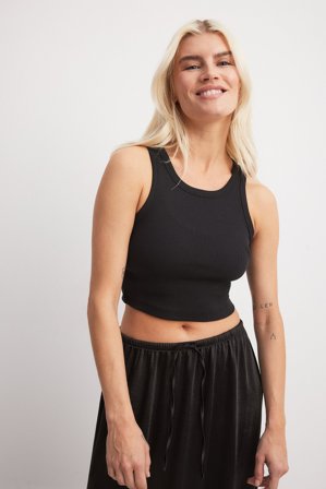 NA-KD Basic Ribbed Cropped Tank - Sommer toppe - Sort - XXL