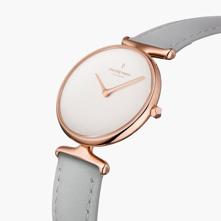 Nordgreen Best Women's Slim Designer Watch - Rose Gold Case - White Dial - 28mm Grey Leather Strap White Dial Unika