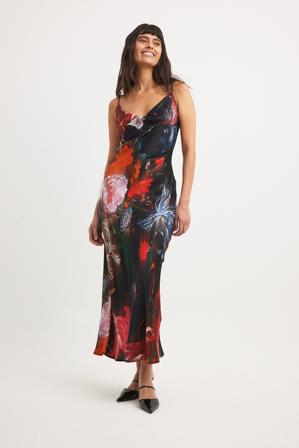 NA-KD Robe nuisette mi-longue à décolleté cascade - Robes mi-longues - Multicolore,Flower - EU 32