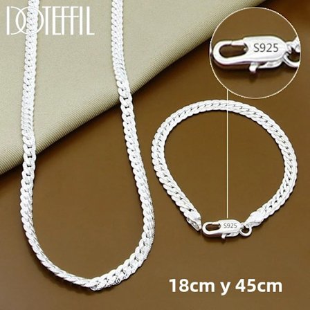 925 Sterling Silver Sidled Kedjehalsband och Armband för Kvinnor och Män Klassiska Mode Smycken för Bröllop och Fest Olika Storlekar