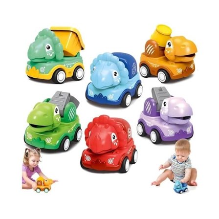 6-delt lekebilsett for babyer 1, 2 og 3 år gamle, Trykk og kjør-biler, Små barnebiler, Dinosaurlekebiler, Pedagogisk - sh