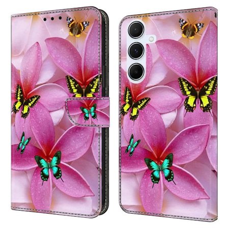 Samsung Galaxy A26 5G lompakko asia kuvio tulostus jalusta nahka Flip Phone Cover - Vaaleanpunainen Kukka-Perhonen