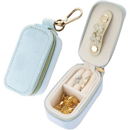 1 stk. Mini Rejse Smykkeskrin i Fløjl - 2-i-1 Ringholder Nøglering Organizer, Bærbar Clutch til Øreringe/Halskæder, Bryllupsfest & Ferie Dagligt S