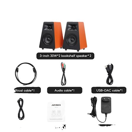 Aktiva trådlösa bokhyllhögtalare, 50W RMS effekt, Bluetooth 5.3-anslutning,Orange med EU-kontakt
