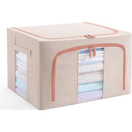 66L Sammenfoldelig Tøjopbevaringskasse med Metalramme – Stabil Tekstilboks med Gennemsigtigt Vindue, Låg, Lynlås & Holdbare Håndtag_TF_TF