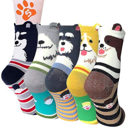 Damestrømper 5 par, sjove bomuldsstrømper til kvinder med søde funky hundeprint, multipak tyk Varm termisk vinter