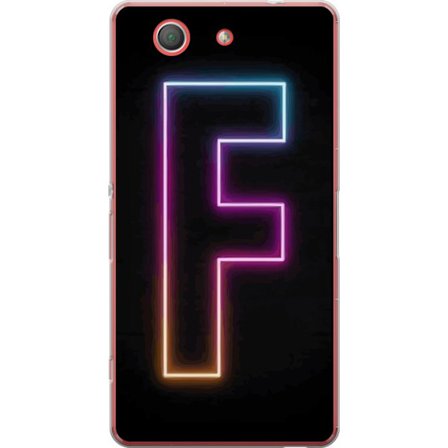 Kompatibel Mobilcover til Sony Sony Xperia Z3 Compact Neonbogstav F i lyserød, blå og gul lyskanter mod en mørk baggrund, grafisk bogstavillustrati