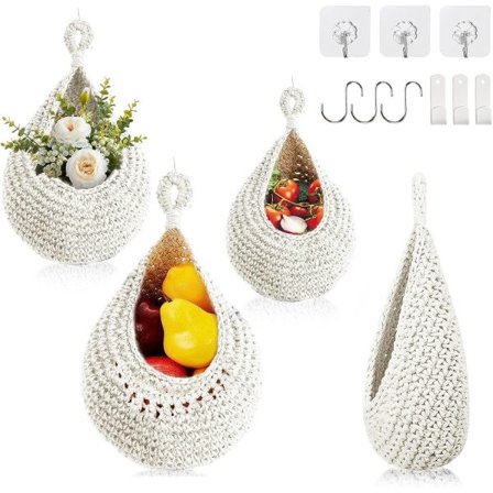 IC Handvävda Boho Vägghängande Korgar för Frukt och Grönsaker, Hängande Korgar Organizer Dekorativa 3-pack med Krokar (Bomullsrep Vit)