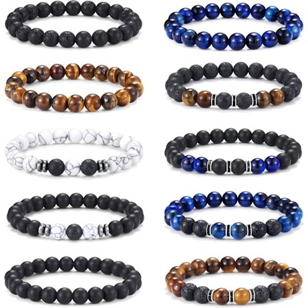 10 stk. Tigerøje Armbånd til Mænd 8MM Natursten Perler Armbåndssæt Stræk Lava Sten Armbånd Justerbar Sort Krystal