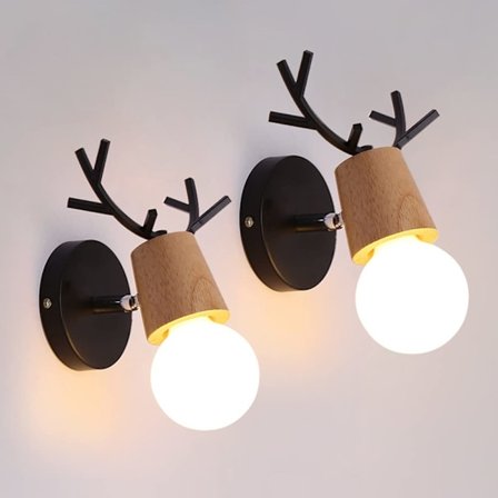 Retro vägglampa 2-pack, trävägglampa med horn