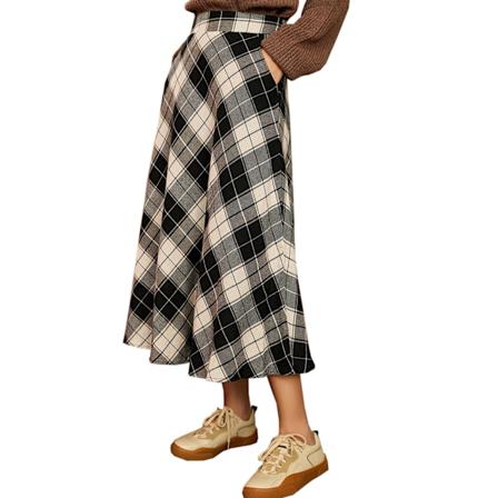 Tartan A-Line Midi Skjørt Høj Talje Elastisk Sidelomme Tyk Dame Skjørt til Efterår Vinter Sort L