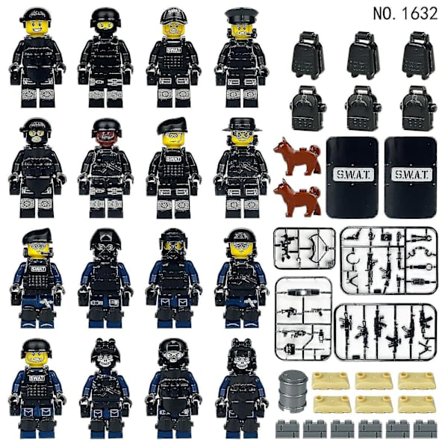 16 stk. Blå Swat Sort Dukke Byggeklodser Legetøj Anti-terror Militær Model Dukke Børn Samle Byggeklodser Legetøj (FMY)