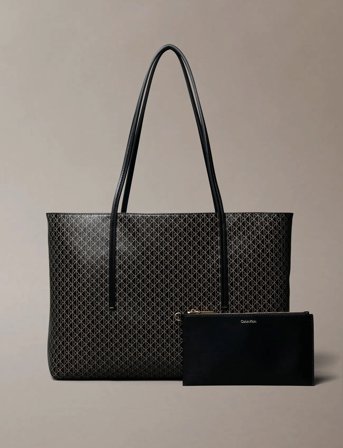 Calvin Klein Emblem Aop Tote W/ Pouch - Black - ONE SIZE