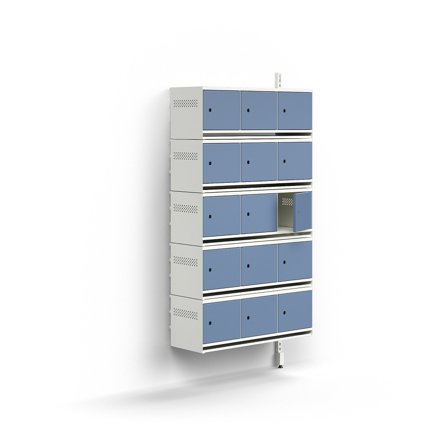 Schuhschrank ENTRY, Anbaumodul, wandhängend, 15 Metalltüren, 1800 x 900 x 300 mm, weiß/blau