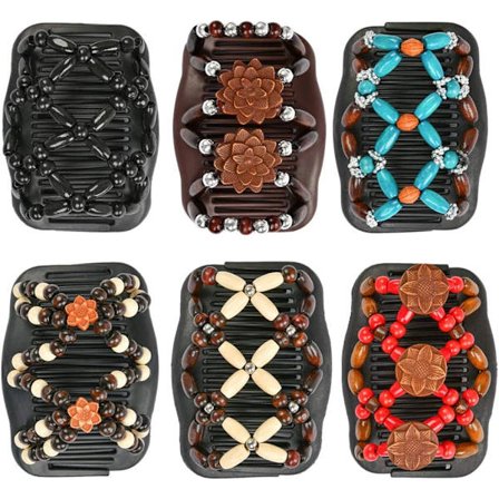 11x7,5cm, Perle Hårkamme, 6 stk Elastiske Magiske Træperler Dobbelt Hårkam Klemme Strækbar Hår Tilbehør