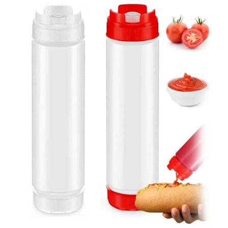 Klemmeflaske, 2 stk 450 ml 16 oz plast klemmeflaske, BPA-fri, lekkasjefrie krydderflasker (rød + transparent)