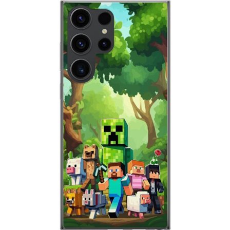 Kompatibelt Mobildeksel til Samsung Galaxy S24 Ultra Blokkete pikselerte spillverden med grønne figurer og dyr i frodig skogsmiljø