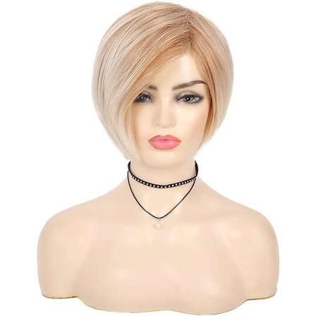 Kort blond parykk for hvite kvinner, syntetisk lagdelt side-skill