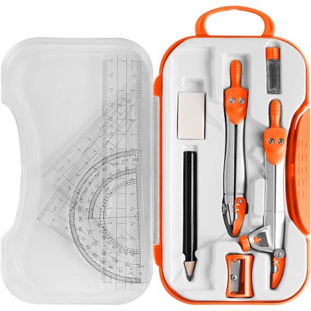 Geometrikit, 10 Dele Matematikværktøjsæt med Passer, Vinkelmåler, Blyant, Viskelæder, Spidsere, Trekant, Trekant, 15 cm Lineal, Blyantfyldninger, 