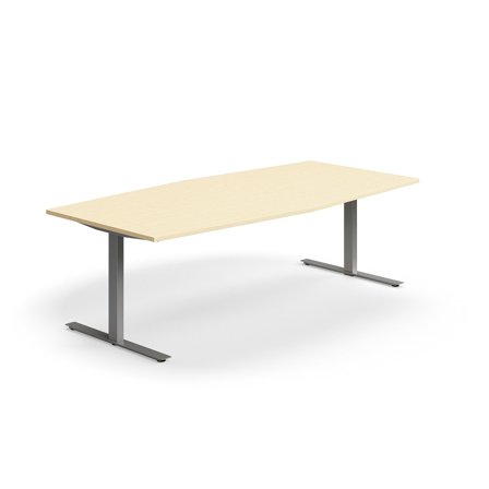 Konferenztisch QBUS, Bootsform, 2400x1200 mm, T-Gestell, silber/birke