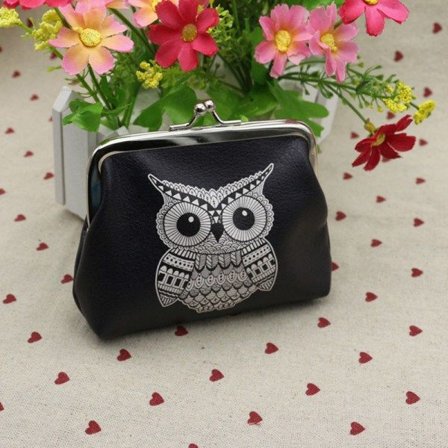 Trykt myntpose Vintage Pouch Buckle Clutch Bag Lommebøker Svart ugle 12x10cm