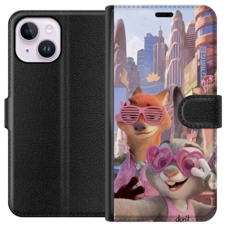 Kompatibelt Lommeboketui til Apple Apple iPhone 15 Plus Animerede dyr i et solfylt bymiljø med rosa solbriller og en positiv melding i en fargerik fe