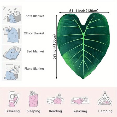 1 st Flanellfilt i Grön Bladsform, Mjuk och Mysig Filt för Sovning, Resa, Soffa, Säng, Kontor, Heminredning, Present till Semester