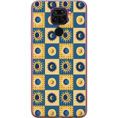 Yhteensopiva Puhelinkuori Xiaomi Redmi Note 9 Symmetrinen ruudukkokuviointi, jossa keltainen ja sininen aurinko ja kuu retrotyyliin
